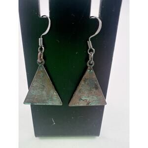 Handmade Earrings Rustic Metal Triangle Steampunk Brown Teal Dangle New